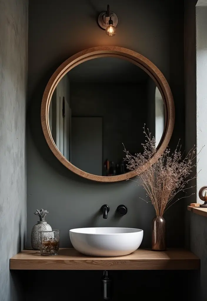 28 Mirror and Photo Wall Decor Ideas for Personalized Interiors 23 28 Mirror and Photo Wall Decor Ideas for Personalized Interiors - 23. Round Mirror with Dark Tones