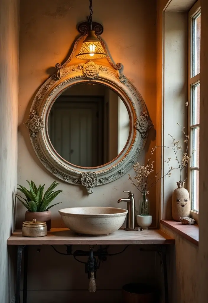 28 Mirror and Photo Wall Decor Ideas for Personalized Interiors 3 28 Mirror and Photo Wall Decor Ideas for Personalized Interiors - 3. Vintage Round Mirror with Artistic Frame