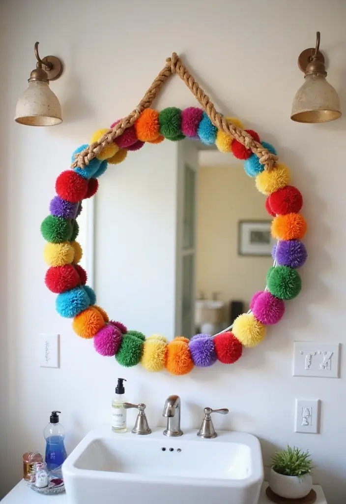 28 Mirror and Photo Wall Decor Ideas for Personalized Interiors 5 28 Mirror and Photo Wall Decor Ideas for Personalized Interiors - 5. Round Mirror with Colorful Pom Poms