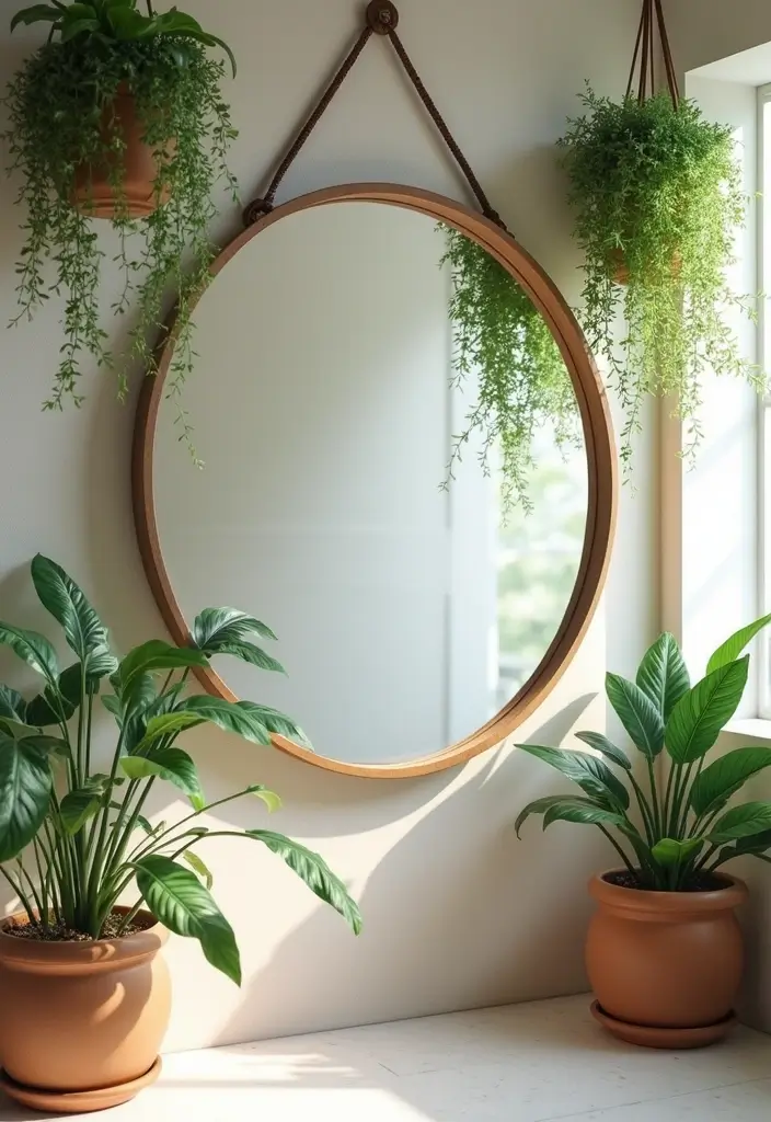 28 Mirror and Photo Wall Decor Ideas for Personalized Interiors 7 28 Mirror and Photo Wall Decor Ideas for Personalized Interiors - 7. Round Mirror with Hanging Plants