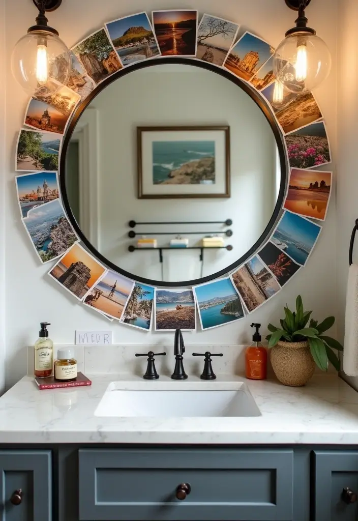 28 Mirror and Photo Wall Decor Ideas for Personalized Interiors 8 28 Mirror and Photo Wall Decor Ideas for Personalized Interiors - 8. Round Mirror with Adventurous Travel Photos
