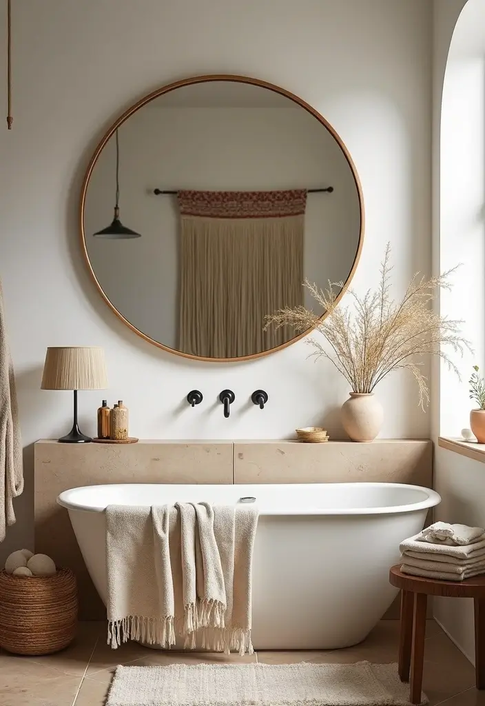 28 Mirror and Photo Wall Decor Ideas for Personalized Interiors 9 28 Mirror and Photo Wall Decor Ideas for Personalized Interiors - 9. Round Mirror with Layered Textiles