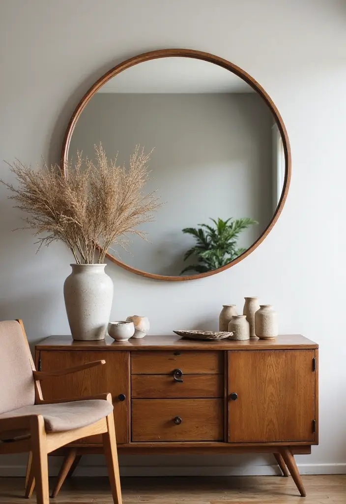 30+ Buffet Table Mirror Decor Ideas That Enhance Dining Room Elegance 10 30+ Buffet Table Mirror Decor Ideas That Enhance Dining Room Elegance - 10. Round Mirrors for Soft Elegance