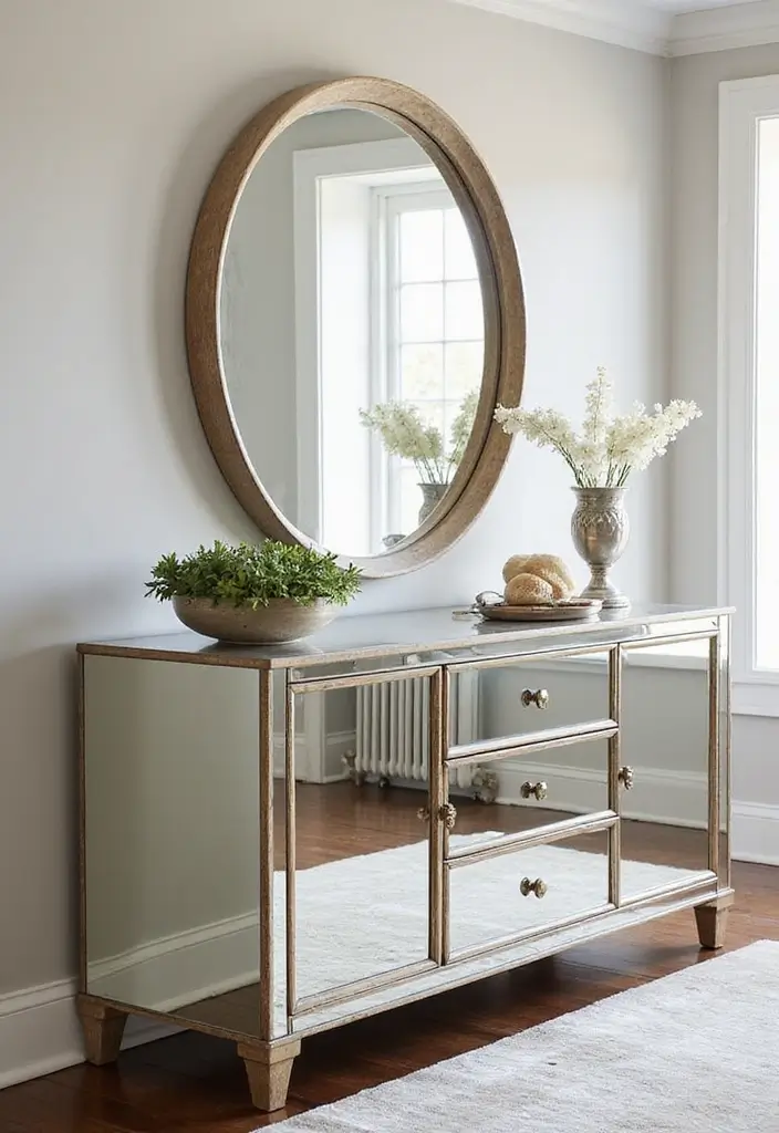 30+ Buffet Table Mirror Decor Ideas That Enhance Dining Room Elegance 12 30+ Buffet Table Mirror Decor Ideas That Enhance Dining Room Elegance - 12. Mirrored Furniture Pieces