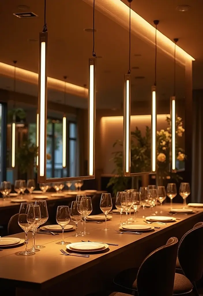 30+ Buffet Table Mirror Decor Ideas That Enhance Dining Room Elegance 13 30+ Buffet Table Mirror Decor Ideas That Enhance Dining Room Elegance - 13. Hanging Mirrors with Led Lights