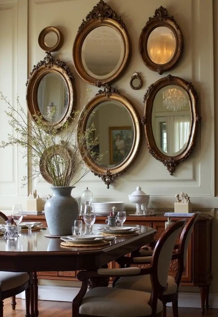 30+ Buffet Table Mirror Decor Ideas That Enhance Dining Room Elegance 14 30+ Buffet Table Mirror Decor Ideas That Enhance Dining Room Elegance - 14. Vintage Round Mirrors with Ornate Frames