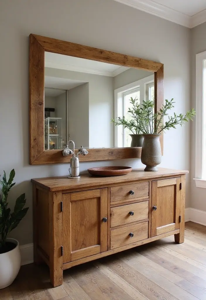 30+ Buffet Table Mirror Decor Ideas That Enhance Dining Room Elegance 16 30+ Buffet Table Mirror Decor Ideas That Enhance Dining Room Elegance - 16. Mirror and Wood Combos