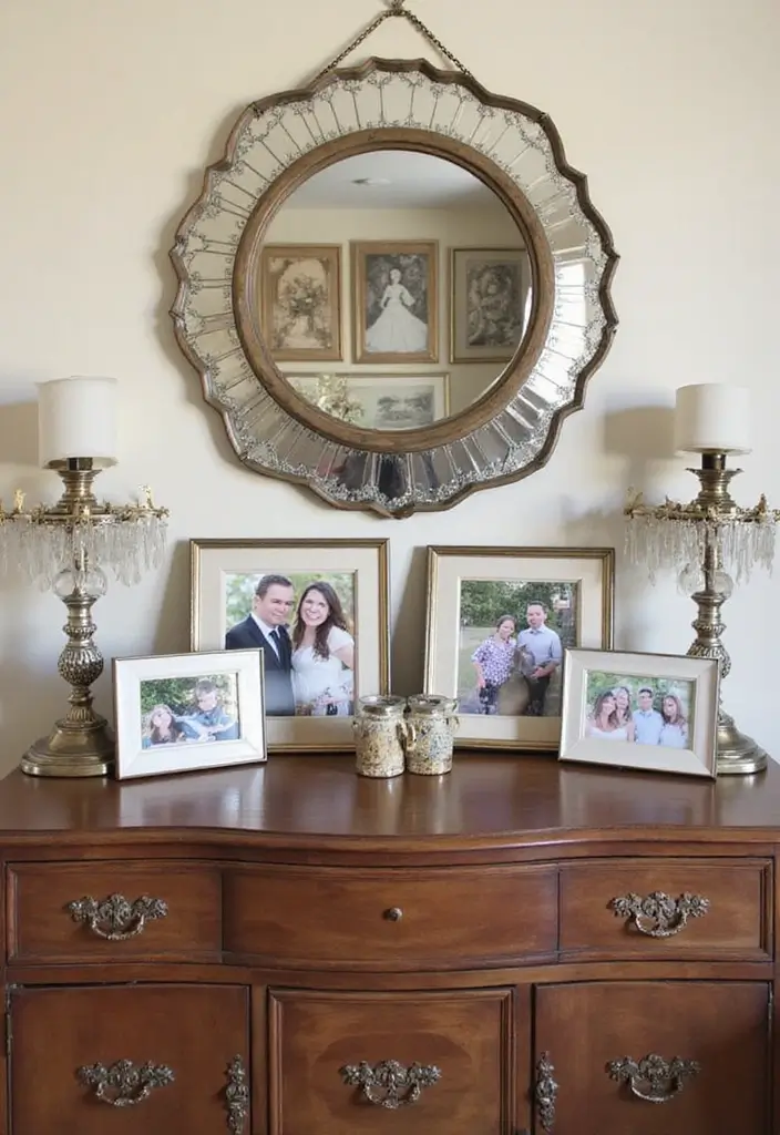 30+ Buffet Table Mirror Decor Ideas That Enhance Dining Room Elegance 17 30+ Buffet Table Mirror Decor Ideas That Enhance Dining Room Elegance - 17. Mirrored Picture Frames
