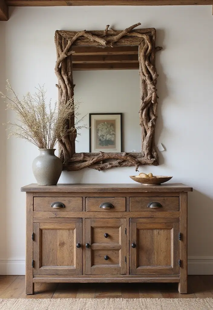 30+ Buffet Table Mirror Decor Ideas That Enhance Dining Room Elegance 19 30+ Buffet Table Mirror Decor Ideas That Enhance Dining Room Elegance - 19. Mirrors Framed with Natural Elements