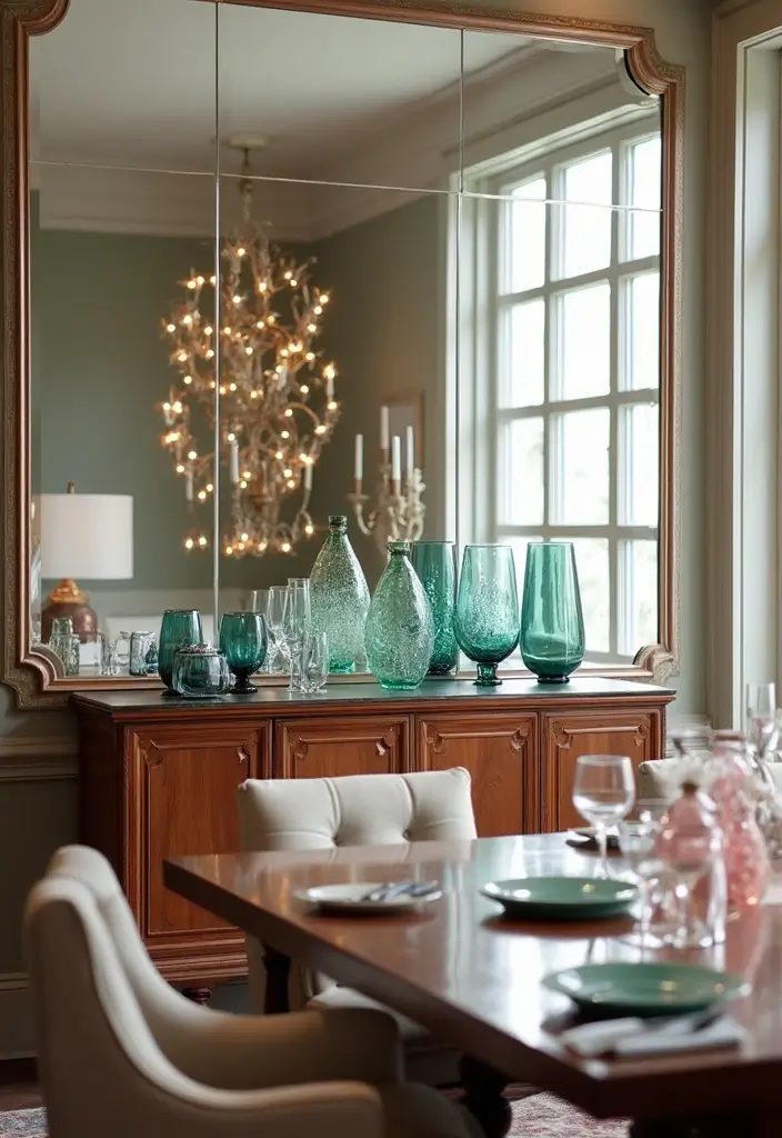 30+ Buffet Table Mirror Decor Ideas That Enhance Dining Room Elegance 2 30+ Buffet Table Mirror Decor Ideas That Enhance Dining Room Elegance - 2. Mirrored Tile Accent Wall