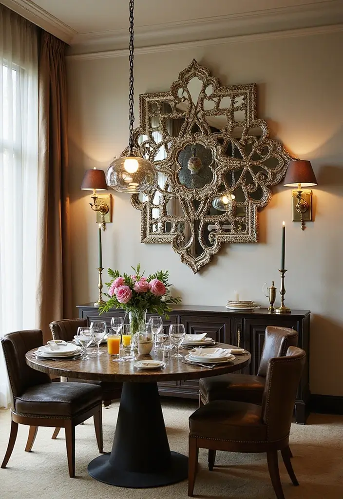 30+ Buffet Table Mirror Decor Ideas That Enhance Dining Room Elegance 23 30+ Buffet Table Mirror Decor Ideas That Enhance Dining Room Elegance - 23. Mosaic Mirrored Decor