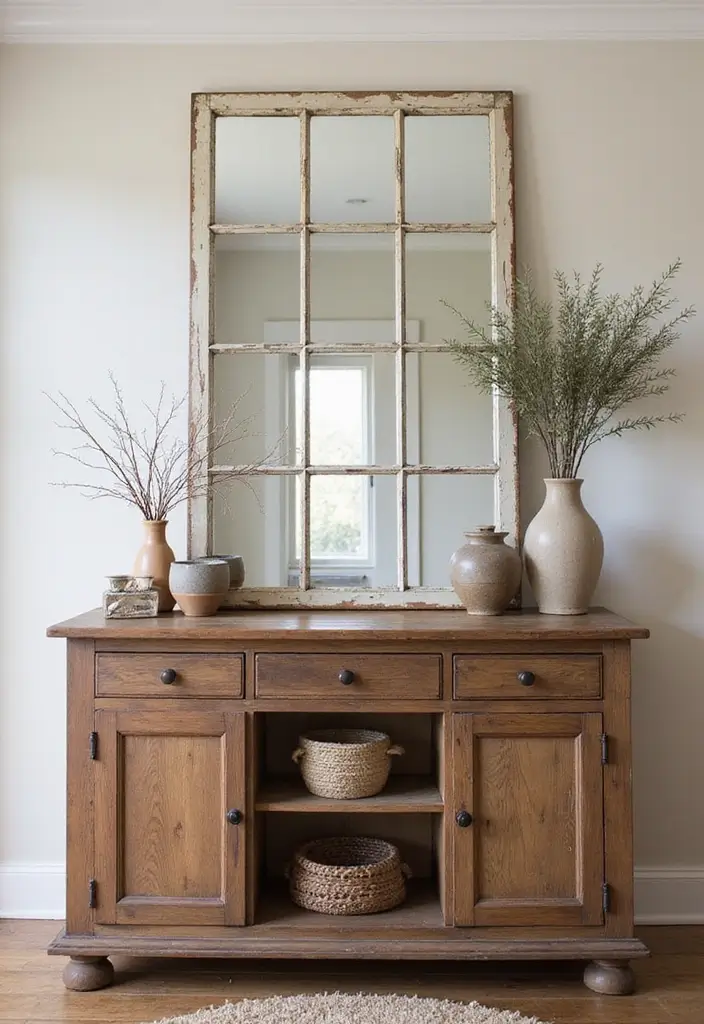 30+ Buffet Table Mirror Decor Ideas That Enhance Dining Room Elegance 25 30+ Buffet Table Mirror Decor Ideas That Enhance Dining Room Elegance - 25. Vintage Window Mirrors