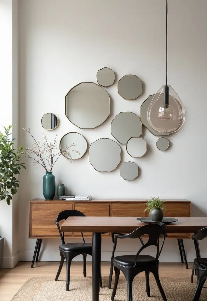 30+ Buffet Table Mirror Decor Ideas That Enhance Dining Room Elegance 28 30+ Buffet Table Mirror Decor Ideas That Enhance Dining Room Elegance - 28. Geometric Mirrors
