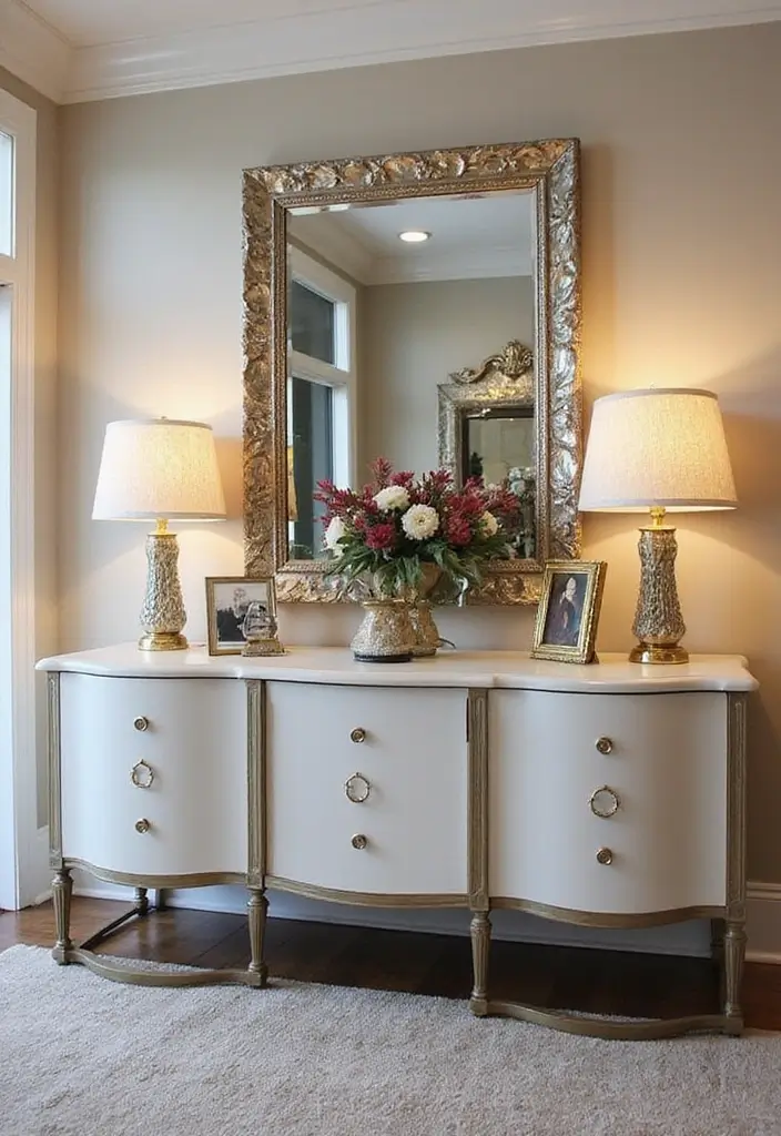 30+ Buffet Table Mirror Decor Ideas That Enhance Dining Room Elegance 29 30+ Buffet Table Mirror Decor Ideas That Enhance Dining Room Elegance - 29. Decorative Mirror Accents
