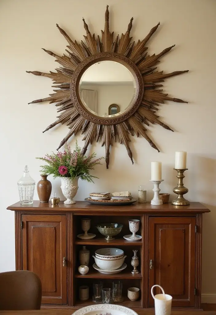 30+ Buffet Table Mirror Decor Ideas That Enhance Dining Room Elegance 3 30+ Buffet Table Mirror Decor Ideas That Enhance Dining Room Elegance - 3. Vintage Sunburst Mirrors