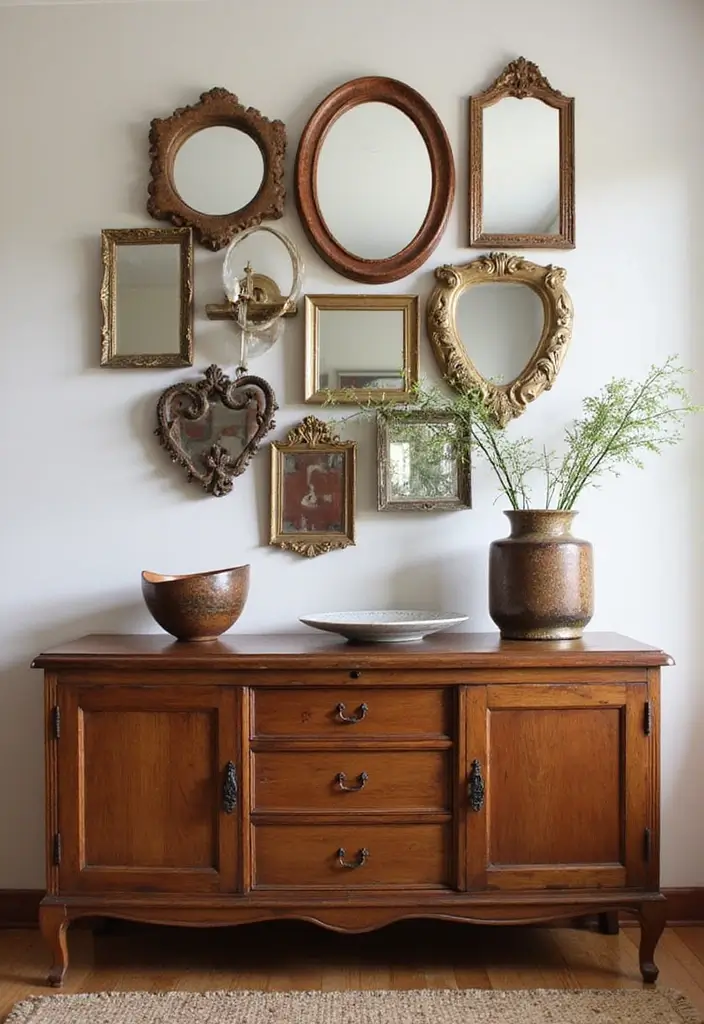 30+ Buffet Table Mirror Decor Ideas That Enhance Dining Room Elegance 7 30+ Buffet Table Mirror Decor Ideas That Enhance Dining Room Elegance - 7. Vintage Mirror Collage