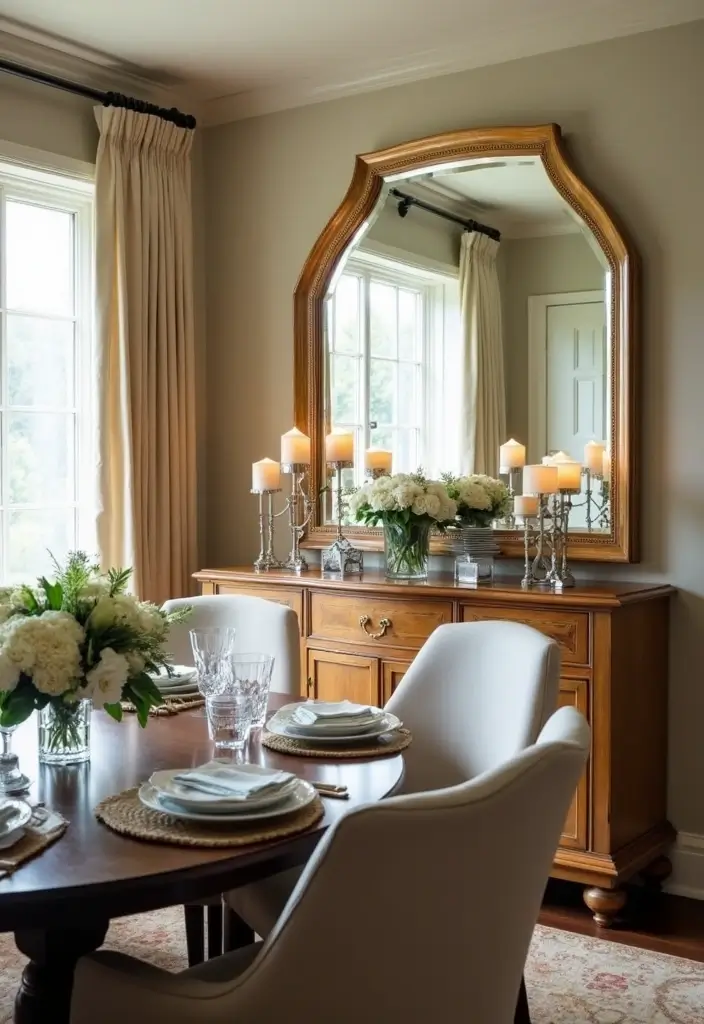 30+ Buffet Table Mirror Decor Ideas That Enhance Dining Room Elegance 8 30+ Buffet Table Mirror Decor Ideas That Enhance Dining Room Elegance - 8. Beveled Edge Mirrors