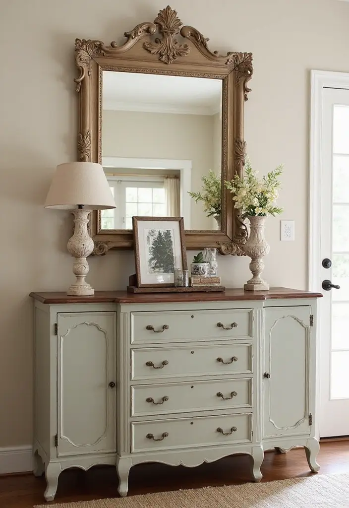 30+ Buffet Table Mirror Decor Ideas That Enhance Dining Room Elegance 9 30+ Buffet Table Mirror Decor Ideas That Enhance Dining Room Elegance - 9. Vintage Mirror Frame as Art