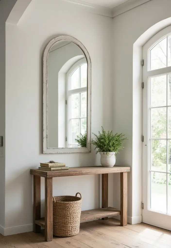 30+ Cathedral Mirror Wall Decor Ideas for Farmhouse or Rustic Homes - 1. Timeless Elegance with a Whitewashed Arched Mirror