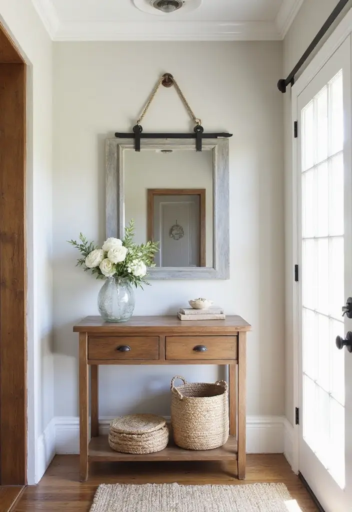 30+ Cathedral Mirror Wall Decor Ideas for Farmhouse or Rustic Homes - 10. Farmhouse Simplicity with a Barn Door Mirror