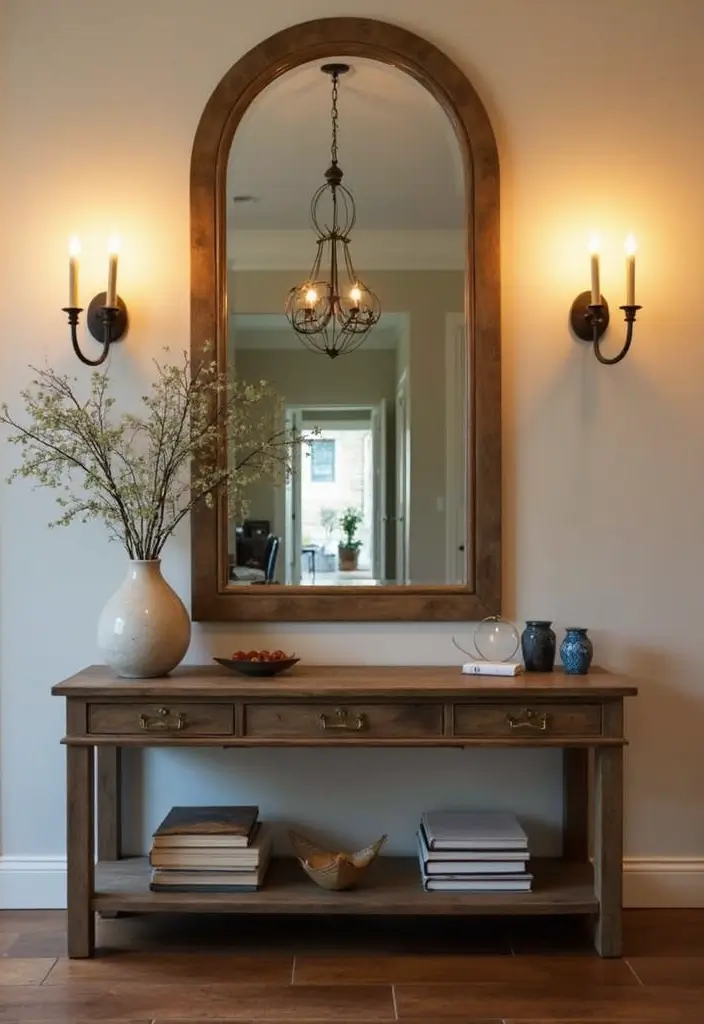 30+ Cathedral Mirror Wall Decor Ideas for Farmhouse or Rustic Homes - 11. Incorporating Lighting for Effect