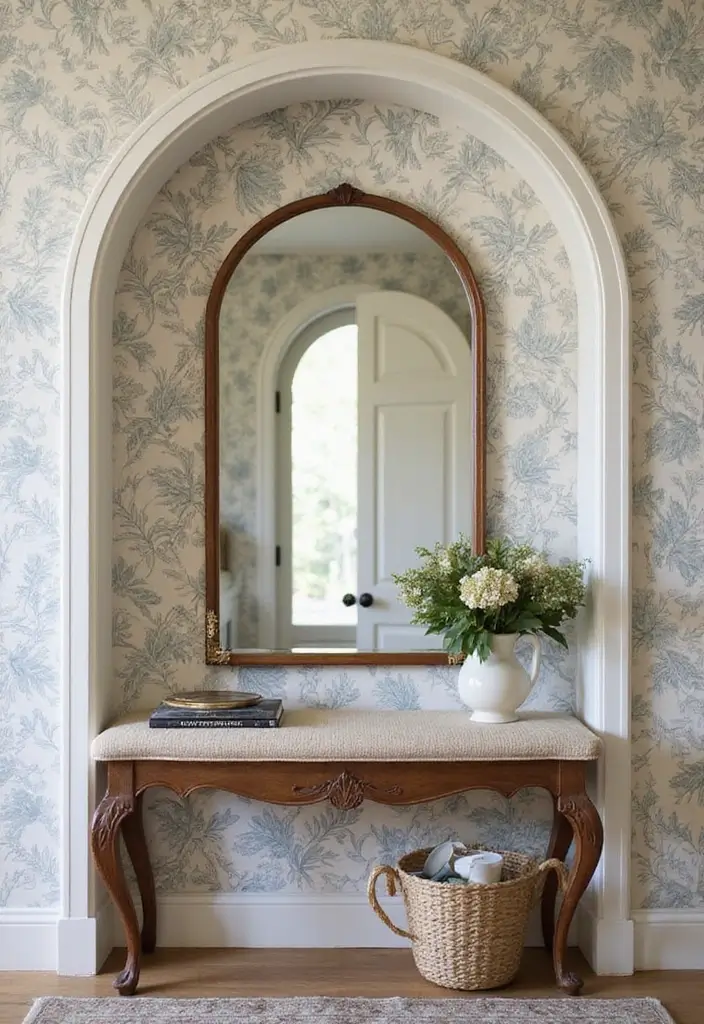 30+ Cathedral Mirror Wall Decor Ideas for Farmhouse or Rustic Homes - 12. Using Wallpaper for Added Texture