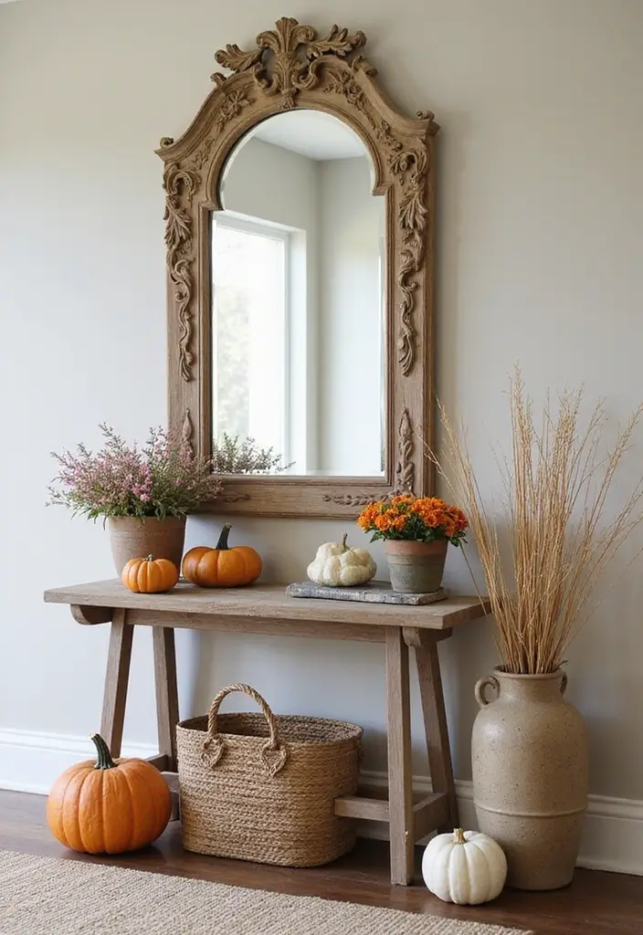 30+ Cathedral Mirror Wall Decor Ideas for Farmhouse or Rustic Homes - 14. Seasonal Decor Around the Mirror
