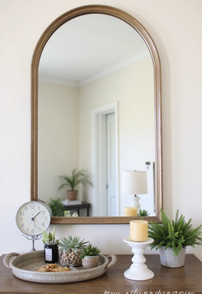 30+ Cathedral Mirror Wall Decor Ideas for Farmhouse or Rustic Homes - 24. Decorative Trays for Organized Style