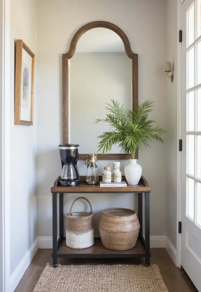 30+ Cathedral Mirror Wall Decor Ideas for Farmhouse or Rustic Homes - 25. A Coffee Station Below the Mirror