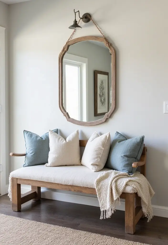 30+ Cathedral Mirror Wall Decor Ideas for Farmhouse or Rustic Homes - 26. Combining Functionality with a Bench