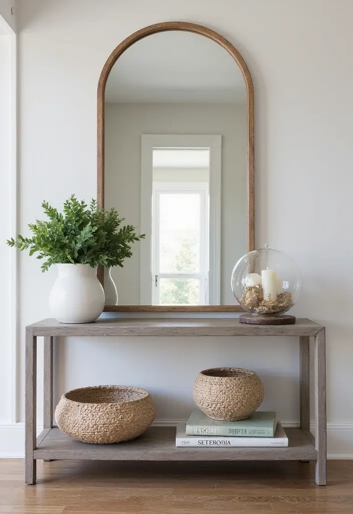 30+ Cathedral Mirror Wall Decor Ideas for Farmhouse or Rustic Homes - 27. Using an Arched Mirror with a Console Table