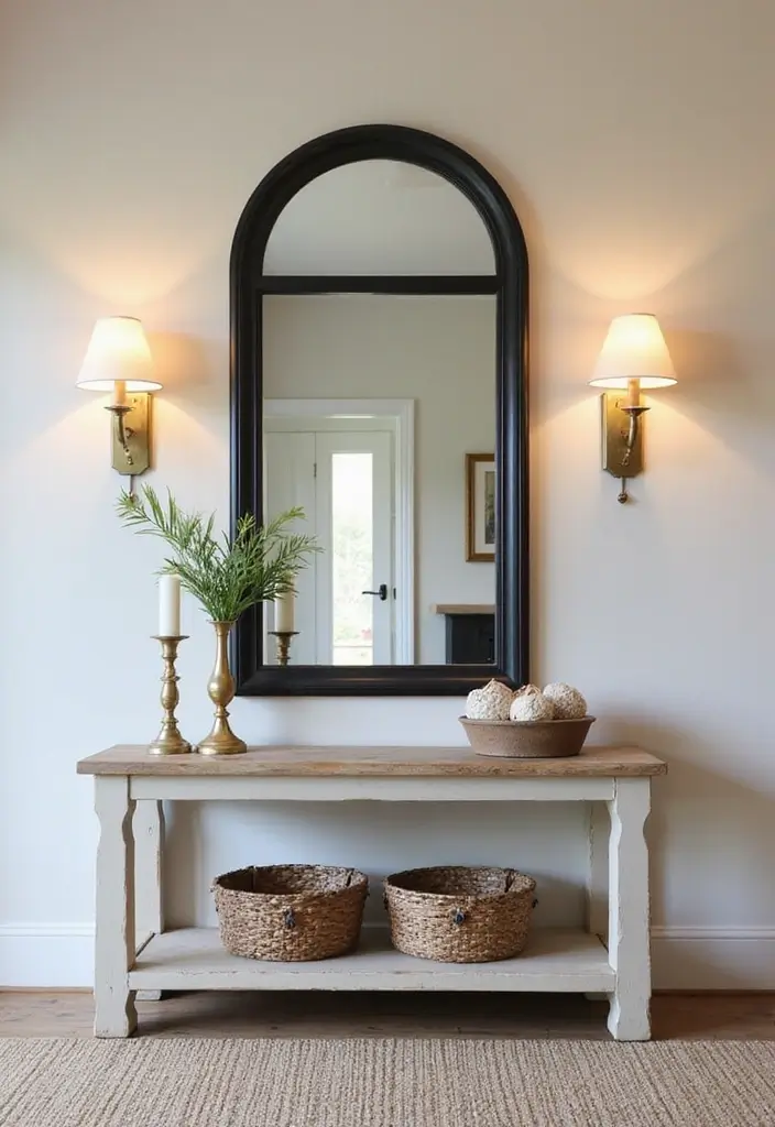 30+ Cathedral Mirror Wall Decor Ideas for Farmhouse or Rustic Homes - 6. Go Bold with a Dark Framed Mirror