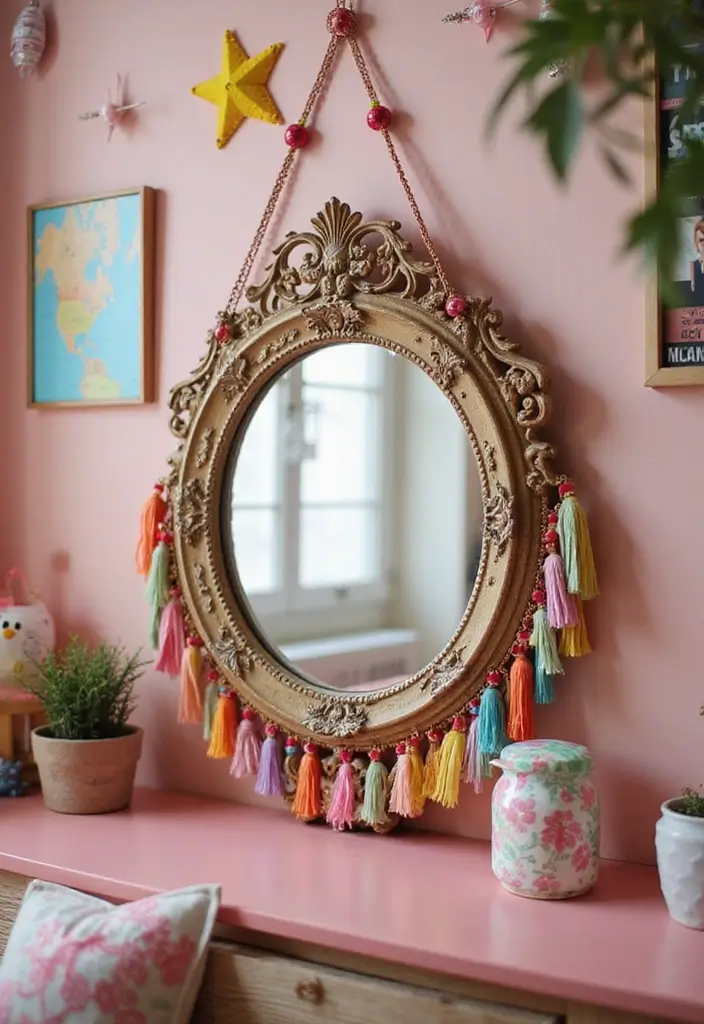 30+ DIY Wall Mirror Decor Ideas That Look Professionally Designed 18 30+ DIY Wall Mirror Decor Ideas That Look Professionally Designed - 18. Colorful Bead Fringe Mirror