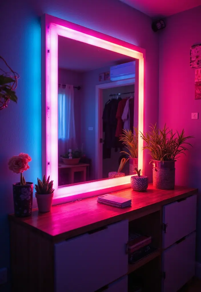30+ DIY Wall Mirror Decor Ideas That Look Professionally Designed 21 30+ DIY Wall Mirror Decor Ideas That Look Professionally Designed - 21. DIY Neon Mirror