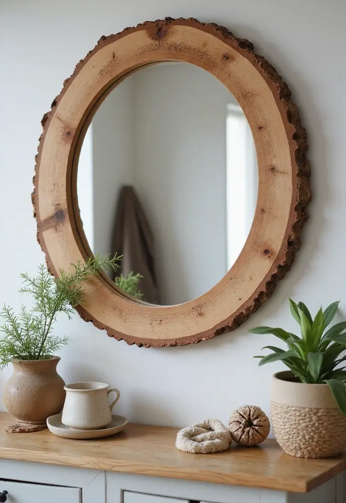 30+ DIY Wall Mirror Decor Ideas That Look Professionally Designed 22 30+ DIY Wall Mirror Decor Ideas That Look Professionally Designed - 22. Rustic Wood Slice Mirror