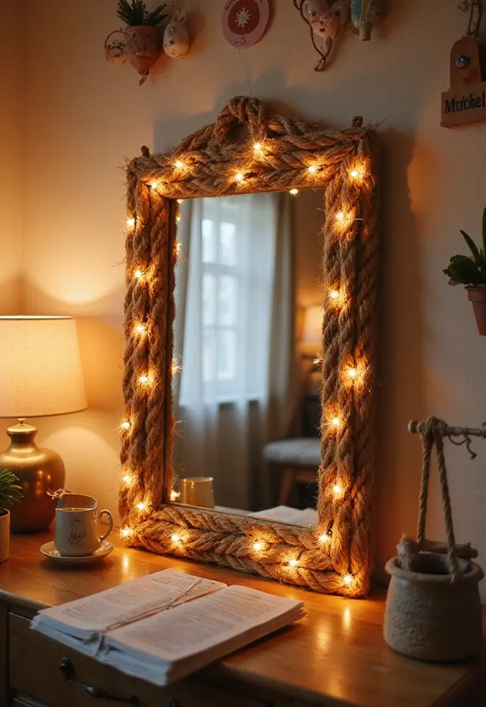 30+ DIY Wall Mirror Decor Ideas That Look Professionally Designed 24 30+ DIY Wall Mirror Decor Ideas That Look Professionally Designed - 24. Twine-Wrapped Mirror