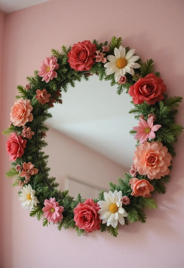 30+ DIY Wall Mirror Decor Ideas That Look Professionally Designed 5 30+ DIY Wall Mirror Decor Ideas That Look Professionally Designed - 5. Floral Wreath Mirror