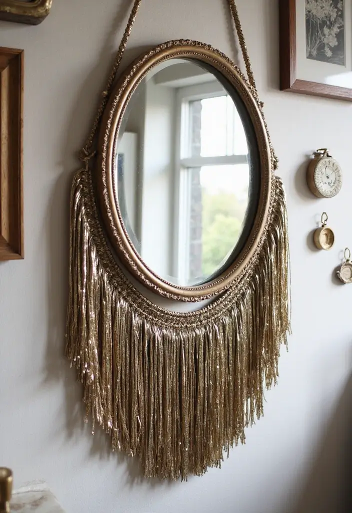 30+ DIY Wall Mirror Decor Ideas That Look Professionally Designed 6 30+ DIY Wall Mirror Decor Ideas That Look Professionally Designed - 6. Metallic Fringe Mirror