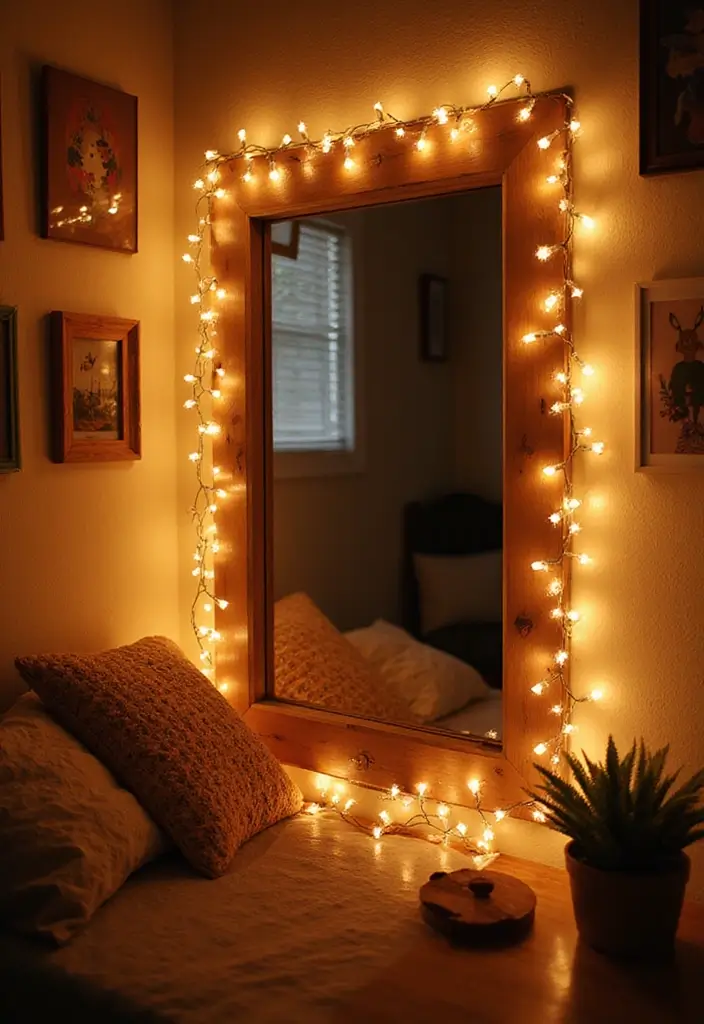 30+ DIY Wall Mirror Decor Ideas That Look Professionally Designed 8 30+ DIY Wall Mirror Decor Ideas That Look Professionally Designed - 8. String Light Mirror