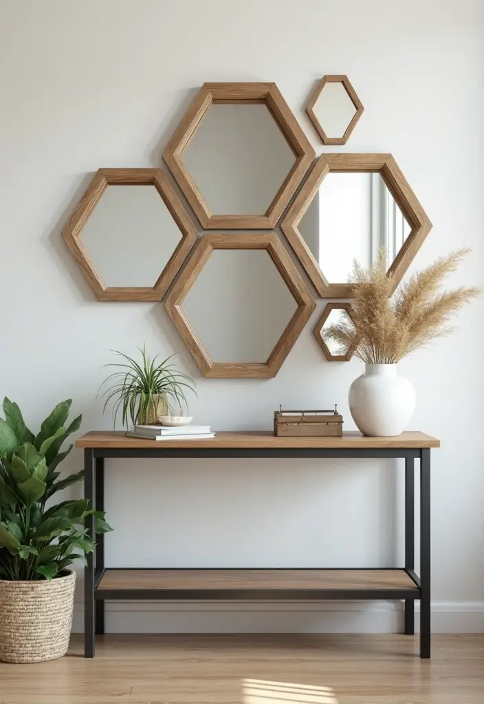 30+ Entryway Wall Decor with Mirror Ideas That Make a Stunning First Impression 1 30+ Entryway Wall Decor with Mirror Ideas That Make a Stunning First Impression - 1. Clustered Hexagons for Maximum Impact