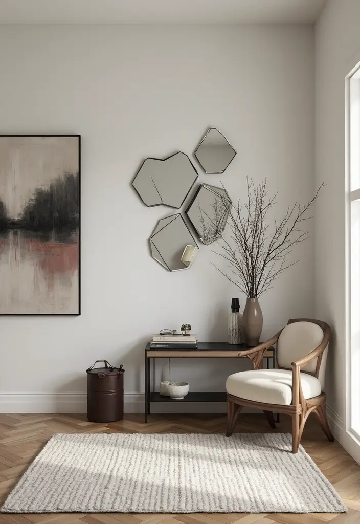 30+ Entryway Wall Decor with Mirror Ideas That Make a Stunning First Impression 12 30+ Entryway Wall Decor with Mirror Ideas That Make a Stunning First Impression - 12. Mirrored Hexagons with Strong Geometric Theme