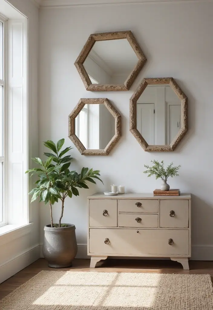 30+ Entryway Wall Decor with Mirror Ideas That Make a Stunning First Impression 14 30+ Entryway Wall Decor with Mirror Ideas That Make a Stunning First Impression - 14. Hexagon Mirrors with Textured Frames
