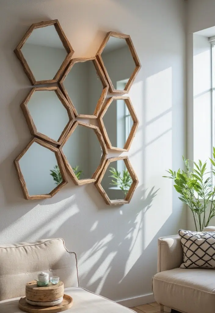 30+ Entryway Wall Decor with Mirror Ideas That Make a Stunning First Impression 15 30+ Entryway Wall Decor with Mirror Ideas That Make a Stunning First Impression - 15. Hexagon Mirrors with Artful Arrangements