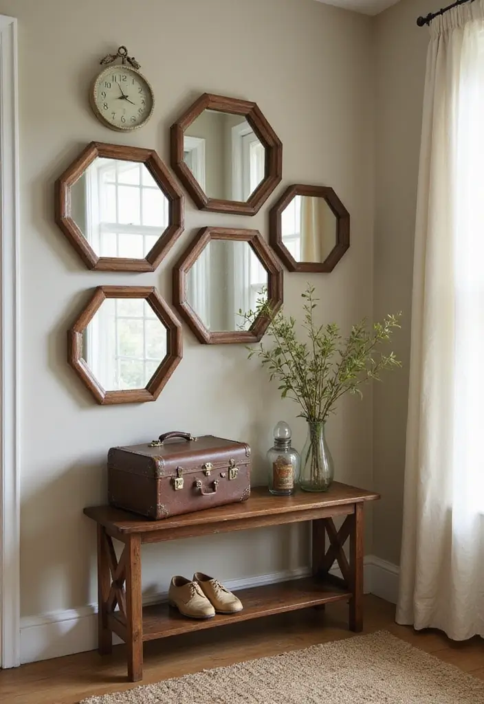 30+ Entryway Wall Decor with Mirror Ideas That Make a Stunning First Impression 16 30+ Entryway Wall Decor with Mirror Ideas That Make a Stunning First Impression - 16. Hexagon Mirrors with Vintage Props