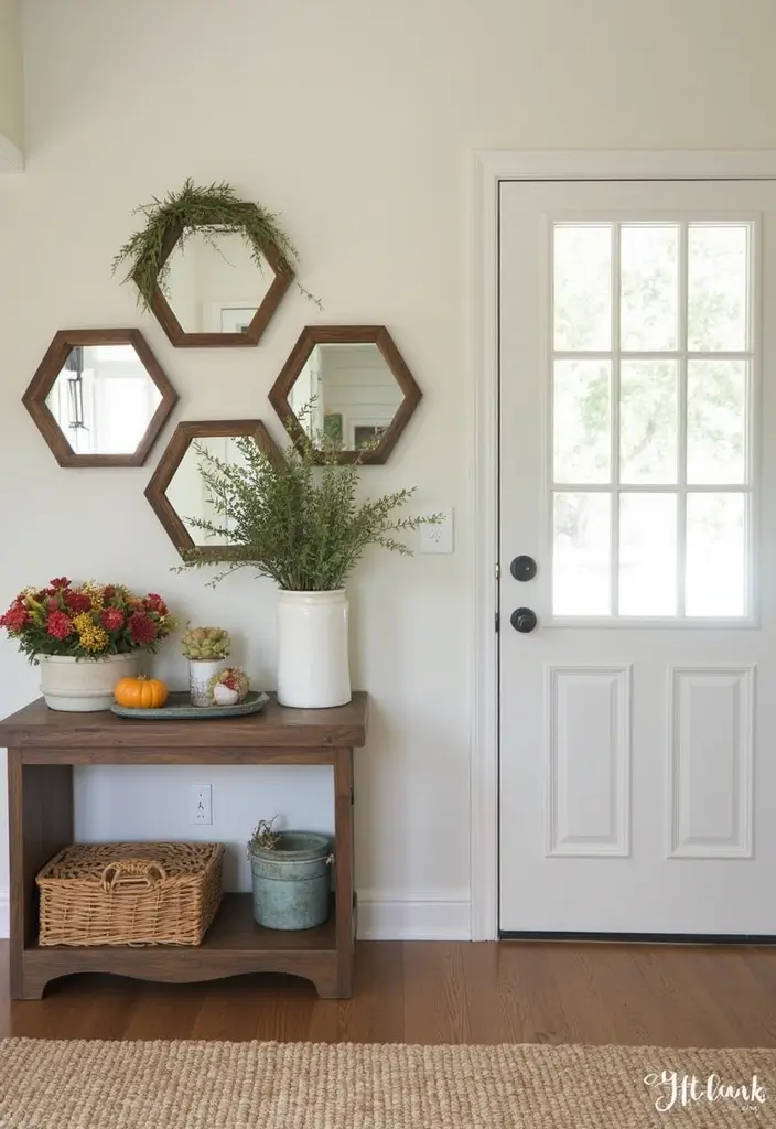 30+ Entryway Wall Decor with Mirror Ideas That Make a Stunning First Impression 18 30+ Entryway Wall Decor with Mirror Ideas That Make a Stunning First Impression - 18. Hexagon Mirrors with Seasonal Themes