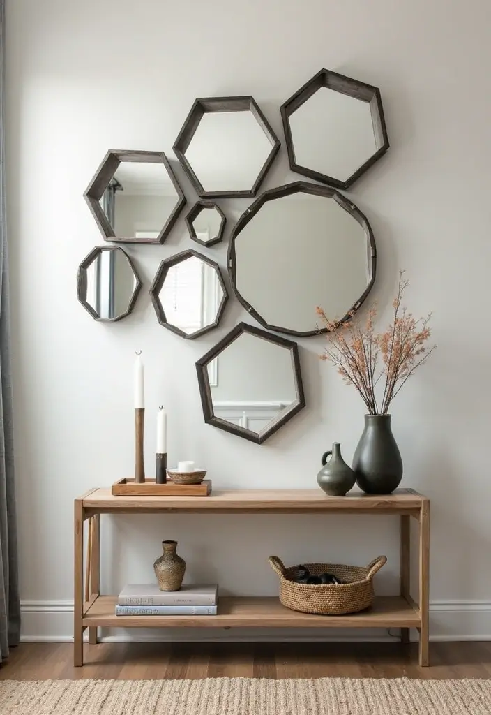 30+ Entryway Wall Decor with Mirror Ideas That Make a Stunning First Impression 19 30+ Entryway Wall Decor with Mirror Ideas That Make a Stunning First Impression - 19. Hexagon Mirrors and Wall Art Combos