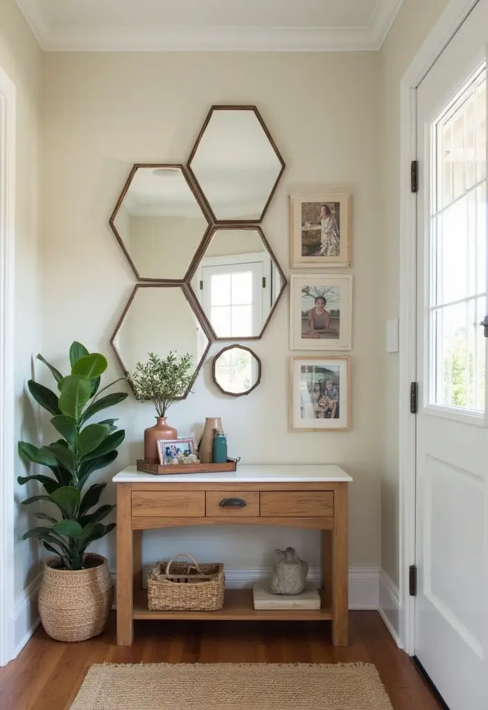 30+ Entryway Wall Decor with Mirror Ideas That Make a Stunning First Impression 20 30+ Entryway Wall Decor with Mirror Ideas That Make a Stunning First Impression - 20. Hexagon Mirrors with Personal Touches