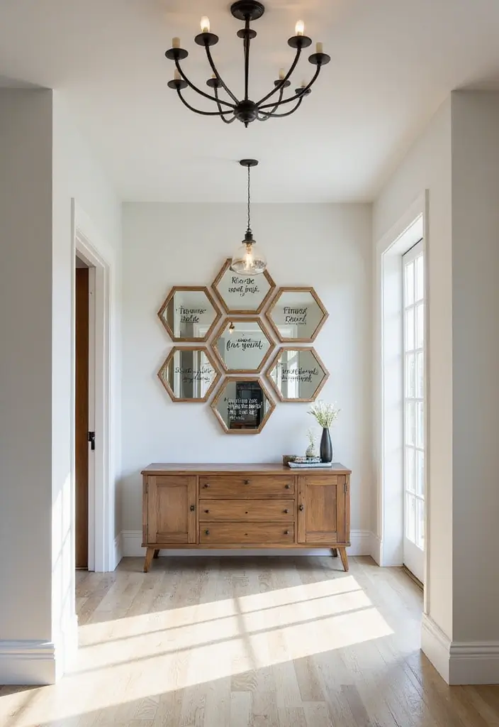 30+ Entryway Wall Decor with Mirror Ideas That Make a Stunning First Impression 21 30+ Entryway Wall Decor with Mirror Ideas That Make a Stunning First Impression - 21. Hexagon Mirrors with Inspirational Quotes