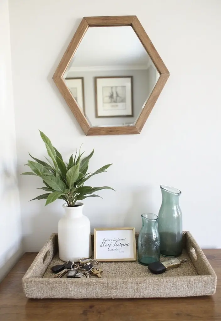 30+ Entryway Wall Decor with Mirror Ideas That Make a Stunning First Impression 22 30+ Entryway Wall Decor with Mirror Ideas That Make a Stunning First Impression - 22. Hexagon Mirrors with Decorative Trays