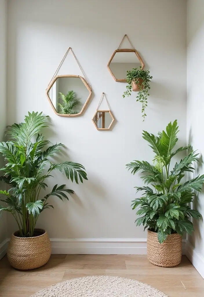 30+ Entryway Wall Decor with Mirror Ideas That Make a Stunning First Impression 24 30+ Entryway Wall Decor with Mirror Ideas That Make a Stunning First Impression - 24. Hexagon Mirrors and Indoor Plants
